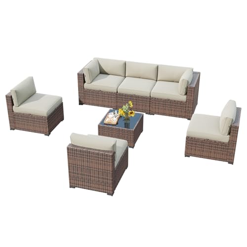 LazySunsets 7 Piece Outdoor Patio Furniture Set with Coffee Table, Outdoor Patio Furniture Sets with Waterproof Cover, Wicker Rattan Outdoor Conversation Set for Backyard & Garden, Beige