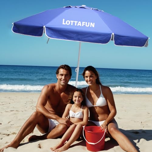 LOTTAFUN 6.5ft Beach Umbrella - Heavy Duty Wind Resistant UV 50+ Portable Sun Shade with Sand Anchor & Carry Bag, Outdoor Folding Umbrella for Beach, Pool, Patio, Garden (Dark Blue) No Tilt