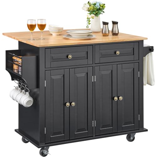 VEVOR Kitchen Island Cart, 35" Wood Top Mobile Carts with Storage Cabinet, Rolling Table with Drop Leaf, Spice Rack, Towel Bar, Adjustable Shelf, Drawer, and Hooks, Portable Islands on Wheels, Black