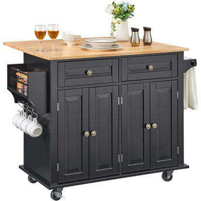 VEVOR Kitchen Island Cart, 35" Wood Top Mobile Carts with Storage Cabinet, Rolling Table with Drop Leaf, Spice Rack, Towel Bar, Adjustable Shelf, Drawer, and Hooks, Portable Islands on Wheels, Black