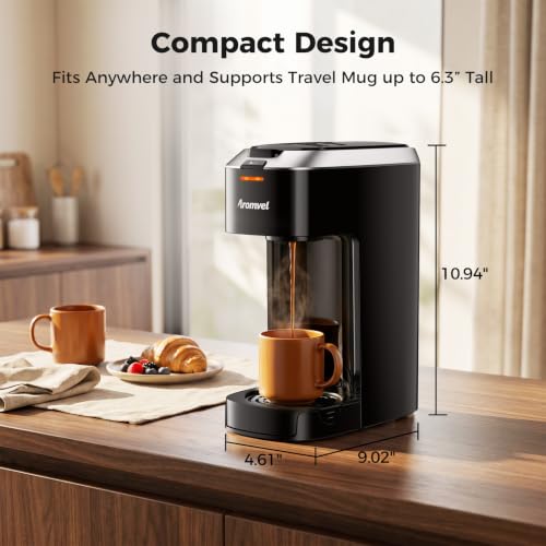 Aromvel Single Serve Coffee Maker for K Cup Pods, One Button Coffee Maker, 6-14oz Brew Sizes, Fits Travel Mug, Compact for Small Kitchen, Office, Dorm, RV, Silver