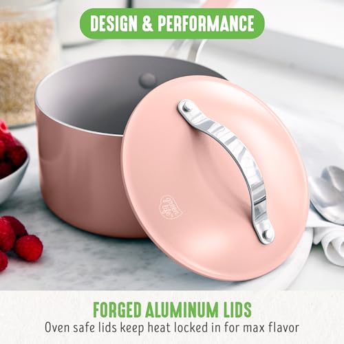 GreenLife 10-Piece Nonstick Ceramic Cookware Set, Lightweight Healthy PFAS-Free Pots & Pans with Lids, Dishwasher & Oven Safe, Durable Body, Silicone Stay-Cool Handles, Easy Release, Pink