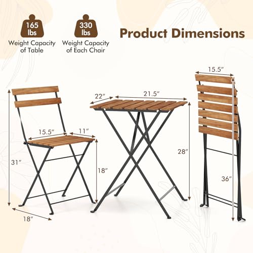 GIANTEX 3-Piece Acacia Wood Bistro Set, Patio Bistro Table with 2 Folding Chairs, Slatted Seat & Tabletop, Metal Frame, Outdoor Furniture Set for Backyard, Porch, Garden, Poolside (Black + Brown)