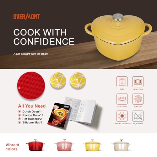 Overmont Enameled Cast Iron Dutch Oven - Heart-Shaped Pot with Lid Cookbook & Cotton Pot Holders - Mini Cookware Oven Safe to 500°F for Sourdough Baking Soups Stews - Great Gift for Wedding Birthday Housewarming 2QT Yellow