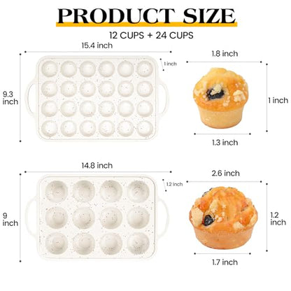 AOTASO Regular 12 Cup and Mini 24 Cup Nonstick Cupcake Pan Set Silicone Muffin Pan for Baking Silicone Cupcake Mold with Metal Reinforced Frame BPA Free (2 Pcs, Cream)