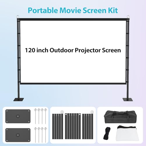 Outdoor Projector Screen with Stand - VOOPVOR 120 inch Projector Screen Portable - Lightweight Projection Screens Indoor Front/Rear - Movie Screen 16:9 4K HD with Catty Bag for Backyard Home Theater