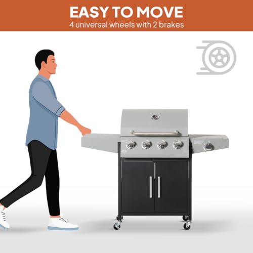 Outsunny 4 Burner Propane Gas Grill with Side Burner, 48,000 BTU Steel Outdoor Barbecue Grill with Cabinet, Shelf, Warming Rack, Thermometer, Wheels, Silver
