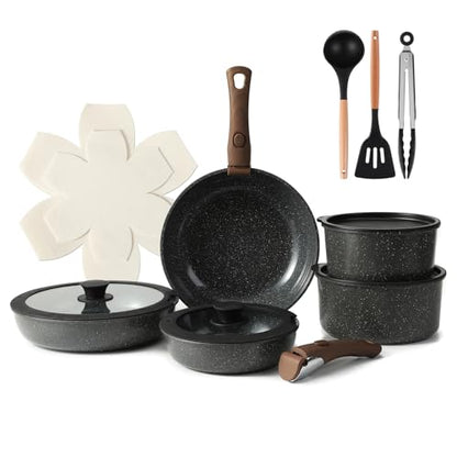 15PCS Ceramic Cookware Sets Detachable Handle Pots and Pans Set Non Stick (Black)