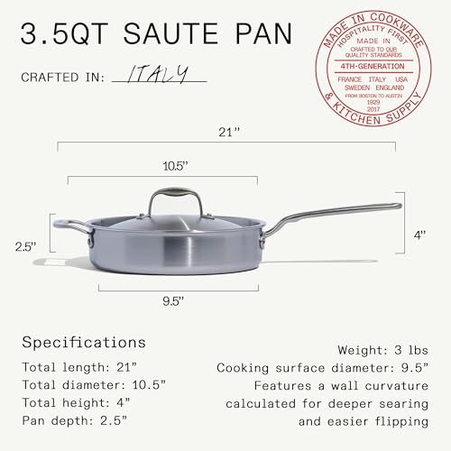Made In Cookware | 3.5 Quart Stainless Steel Saute Pan | 5 Ply Stainless Clad | Professional Cookware | Induction Compatible | Crafted in Italy