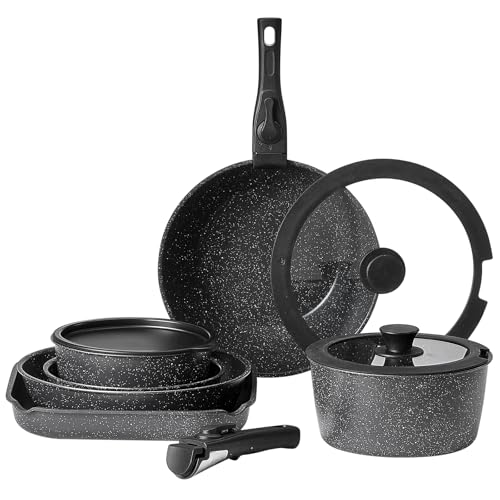 VEVOR 17 Piece Pots and Pans Set, Granite Nonstick Detachable Handle Cookware, Space Saving Induction Cookwares, Kitchen RV Cooking Sets with Frying, Sauce, Saute, Tempered Glass Lid, Oven Safe, Black