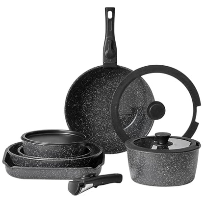 VEVOR 17 Piece Pots and Pans Set, Granite Nonstick Detachable Handle Cookware, Space Saving Induction Cookwares, Kitchen RV Cooking Sets with Frying, Sauce, Saute, Tempered Glass Lid, Oven Safe, Black