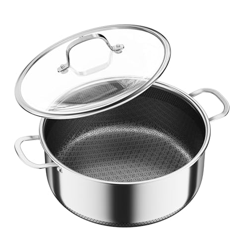 6 QT Stainless Steel Stock Pot with Lid, 10-inch Sauce Pan Induction Cookware, PFOA Free 5-Ply Simmer Pot with Non Stick Coating, Dual Ear Handles Cooking Pot Oven & Dishwasher Safe Easy to Clean