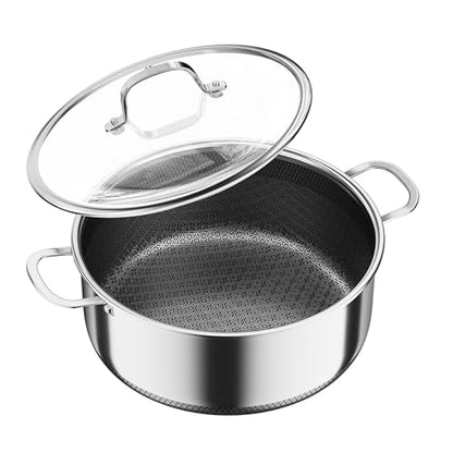 6 QT Stainless Steel Stock Pot with Lid, 10-inch Sauce Pan Induction Cookware, PFOA Free 5-Ply Simmer Pot with Non Stick Coating, Dual Ear Handles Cooking Pot Oven & Dishwasher Safe Easy to Clean