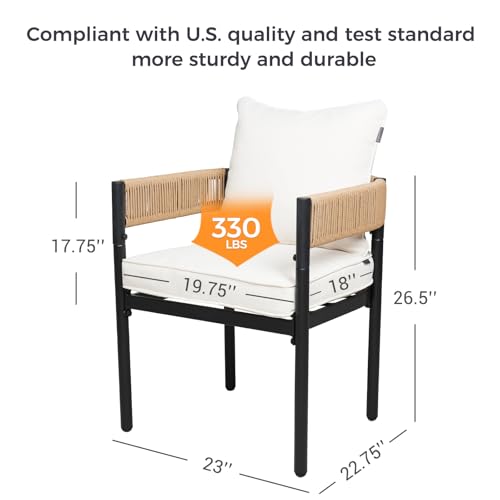 Grand patio 5-Piece Outdoor Dining Set for 4, Metal Woven Wicker Fixed Patio Chairs with Thickened Cushions & 1 Square Woodgrain Dining Table with Umbrella Hole for Backyard Deck (Natural)