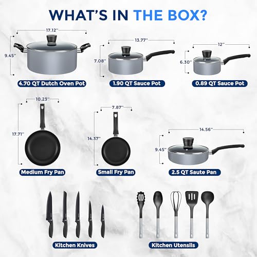 SereneLife Kitchenware Pots & Pans, Basic Kitchen Cookware Set, Black Non-Stick Coating Inside, Heat Resistant Lacquer (20-Piece Set), One Size, Gray