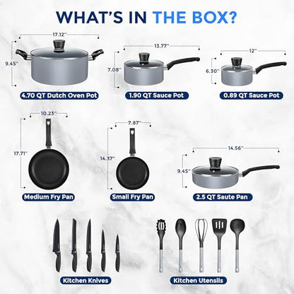 SereneLife Kitchenware Pots & Pans, Basic Kitchen Cookware Set, Black Non-Stick Coating Inside, Heat Resistant Lacquer (20-Piece Set), One Size, Gray