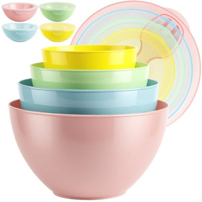 16 Piece Plastic Mixing Bowls with Lids Set - Nesting Bowls Set includes 8 Prep Bowls and 8 Lids, 2-in-1 Spoon-Fork, Large Salad Bowl for Preparing, Serving, and Storing, Dishwasher & Microwave Safe