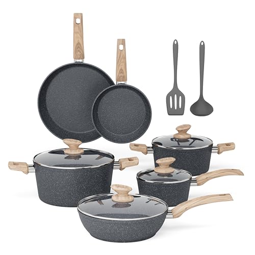 MAISON ARTS Pots and Pans Set Non Stick, 12 Piece Grey Granite Kitchen Cookware Induction Compatible, Pot and Pan Sets for Cooking Nonstick