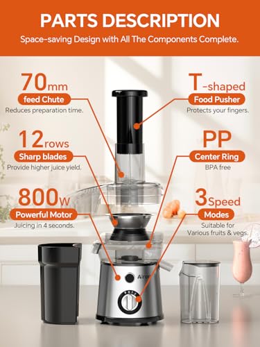 Juicer Machine, Centrifugal Juicer with 3" Extra Wide Feed Chute for Fruit Vegetable, Max Power 800W, Juice Maker with 3-Speed Setting, High Juice Yield, Easy to Clean, Stainless Steel, BPA-Free
