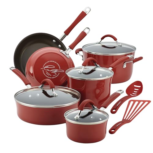 Rachael Ray Cucina Nonstick Cookware Pots and Pans Set, 12 Piece, Cranberry Red