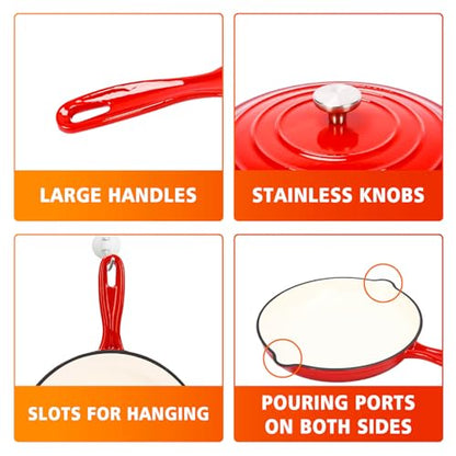 Enameled Cast Iron Cookware Set - 3 PC Set of 5.5QT Dutch Ovens, 2QT Sauce Pan, 10.2 Inch Ceramic Frying Pan, Ceramic Coated Cast Iron Dutch Ovens set, Heavy Duty, Gas/Induction Compatible,Red
