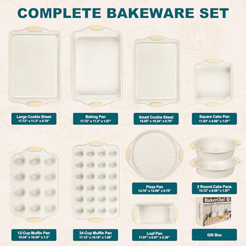 BakerChef 10-Piece Nonstick Baking Pans Set, Stackable Non-Toxic Bakeware Sets with Silicone Handle, Oven Pan Set for Cooking, Includes Easy Release Cookie Sheet, Roasting Pan, Muffin Tin (Cream)