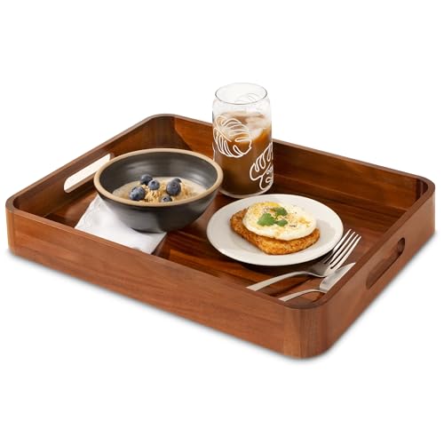 Acacia Wooden Serving Trays with Handles for Eating, Appetizers, Food, Snacks, or Home Decor, Large Wood Bed Tray or TV Tray, Decorative Ottoman or Coffee Table Accessory, 17x13 inch, Set of 1