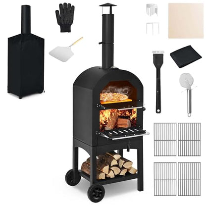 Z1UVDFUR Wood Fired Outdoor Pizza Oven for Patio Backyard Camping, Portable 550°F Pizza Maker with Stone, Peel, Grill Rack & Waterproof Cover for Backyard Camping