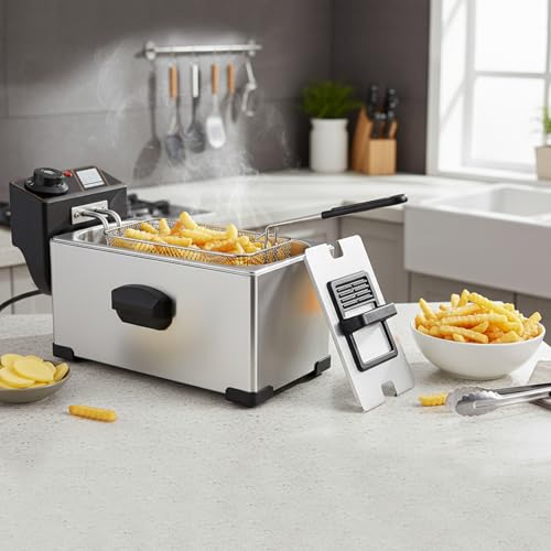 Electric Deep Fryer with Basket, 2500W 304 Stainless Steel Deep Fryer, 3.2 Qt (3.0L) Adjustable Temperature Electric Fryer for Home, Party & Holiday Cooking