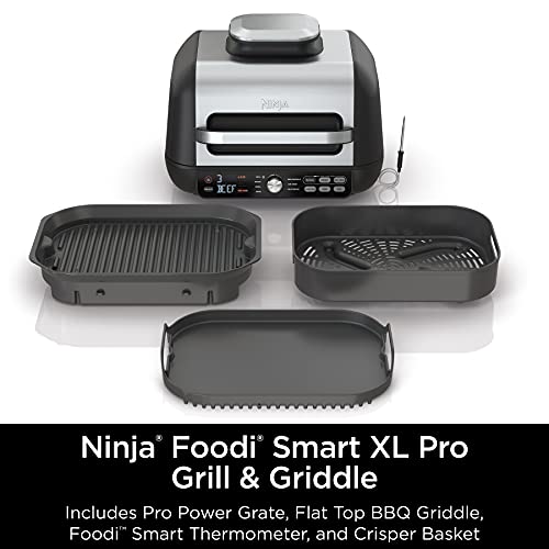 Ninja IG651 Foodi Smart XL Pro 7-in-1 Indoor Grill/Griddle Combo, use Opened or Closed, Air Fry, Dehydrate & More, Pro Power Grate, Flat Top, Crisper, Smart Thermometer, Black