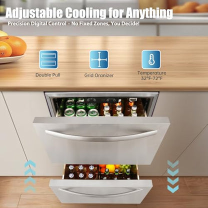 HCK 24 Inch Under Counter Double Drawer Fridge, Stainless Steel Outdoor Beverage Refrigerator for Patio, Built-in Beverage Fridge for Home & Commercial Use
