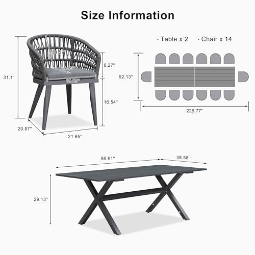 PURPLE LEAF Patio Table and Chairs Set 16 Pieces Woven Rattan Aluminum Grey