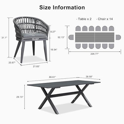 PURPLE LEAF Patio Table and Chairs Set 16 Pieces Woven Rattan Aluminum Grey