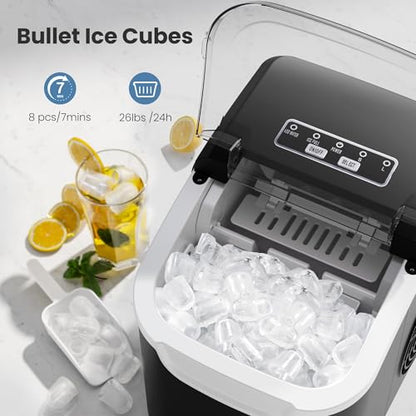Crzoe Countertop Ice Maker, 26Lbs/24H,2 Sizes of Ice, Self-Cleaning,Black