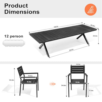 Pellebant 13 Piece Patio Table and Chairs Set for 12, Aluminum Outdoor Dining Set with Umbrella Hole, Stackable Dining Chair & 118" Dining Table, Black