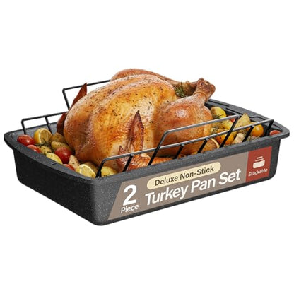 BAKKEN Nonstick Turkey Roasting Pan with Rack – Large Heavy-Duty Carbon Steel Roaster with Wide Handles, Ideal for Roasting, Baking & Grilling, Oven Safe up to 450°F, Gray Marble Finish 17 x 13-Inch