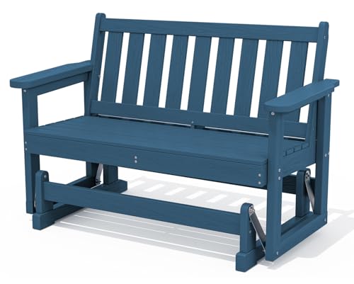 SERWALL Outdoor HDPE Glider Bench, All Weather Swinging Bench for Outdoor Porch Garden, 660LBS Capacity, Deep Navy