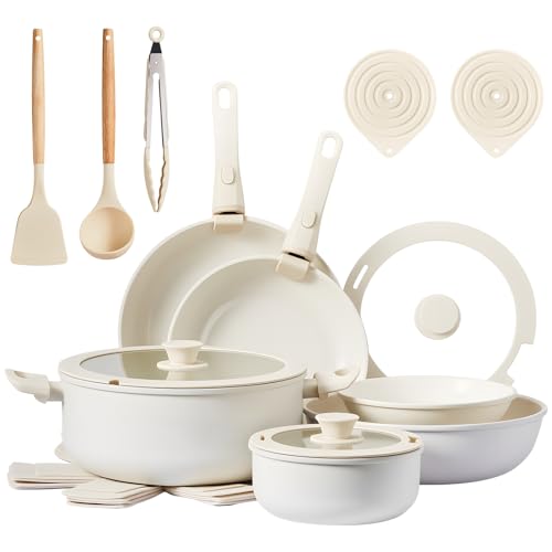 ROVSUN 22 Pcs Nonstick Pots and Pans Set, Cast Aluminum Kitchen Cookware Set with Detachable Handles, RV Kitchen Cooking Set and Utensils, Dishwasher Safe, PFAS PFOA & PFOS Free, Cream White