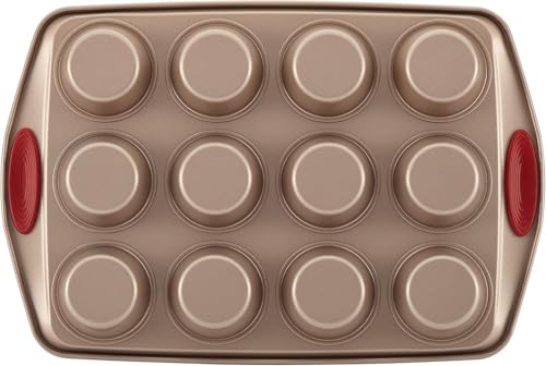 Rachael Ray Cucina Nonstick Bakeware Set Baking Cookie Sheets Cake Muffin Bread Pan, 10 Piece, Latte Brown with Cranberry Red Grips