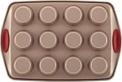 Rachael Ray Cucina Nonstick Bakeware Set Baking Cookie Sheets Cake Muffin Bread Pan, 10 Piece, Latte Brown with Cranberry Red Grips