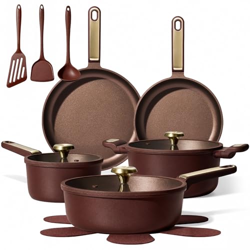 CAROTE Pots and Pans Set Nonstick, 16pcs Cookware Set Nonstick Non-Toxic & PFOA&PFOS-Free, Dishwasher, RV/Camping Cookware Set, Cooking Pots with Lids,Wine Red