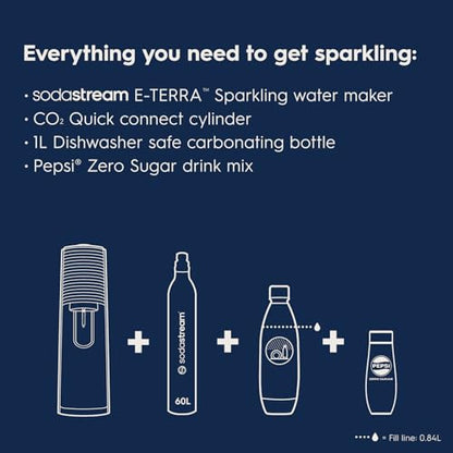 SodaStream - E-TERRA Soda Maker | STARTER KIT | 3 Automatic Carbonation Levels | Includes 1x CO2 Cylinder, 1x 32 Fl Oz Dishwasher Safe Bottle, 1x Pepsi Zero Sugar Mix, 1x Power Adapter | Black
