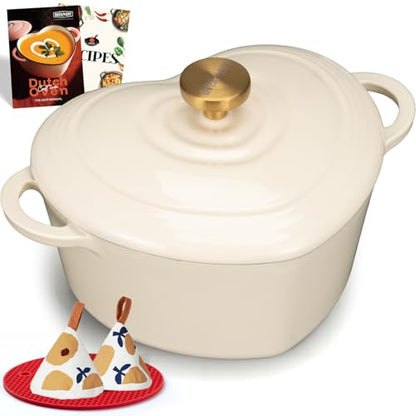 Overmont Enameled Cast Iron Dutch Oven - Heart-Shaped Pot with Lid Cookbook & Cotton Pot Holders - Mini Cookware Oven Safe to 500°F for Sourdough Baking Soups Stews - Great Gift for Wedding Birthday Housewarming 2QT White