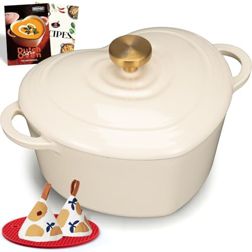 Overmont Enameled Cast Iron Dutch Oven - Heart-Shaped Pot with Lid Cookbook & Cotton Pot Holders - Mini Cookware Oven Safe to 500°F for Sourdough Baking Soups Stews - Great Gift for Wedding Birthday Housewarming 2QT White