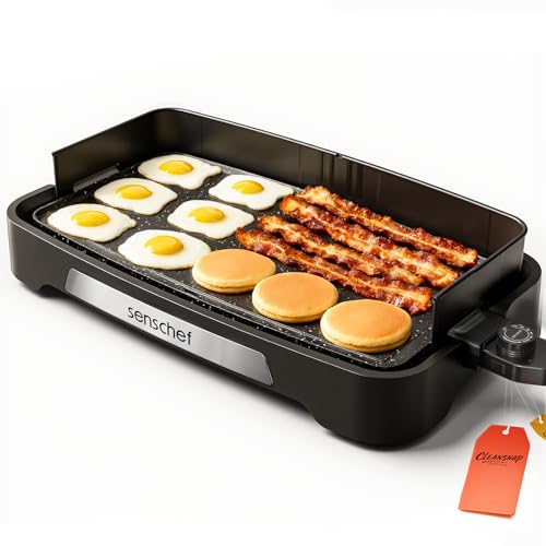 SENSCHEF Cleansnap Everyday Electric Griddle, 20” Nonstick Grill with Foldable Anti-Mess Shield, 1700W Fast Heating, ILAG Ultimate Coating, Dishwasher-Safe Removable Plate, Midnight Black