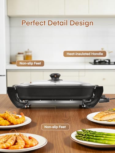 FOHERE 16-Inch Electric Skillet with Glass Cover, 1500W Rapid Heat, Adjustable Temperature, Multi-Purpose Electric Skillet Fried Chicken, Perfect For Family Gathering Cooking