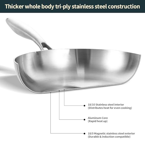 DELARLO Full Clad Tri-Ply Stainless Steel Frying Pan 10 inch, All Stove Compatible Up to 600℉, Heavy Duty, Oven Safe Skillet, 18/10 Cooking Pan, Chef's Pan for Kitchen, Omelette Pan, Flat Bottom