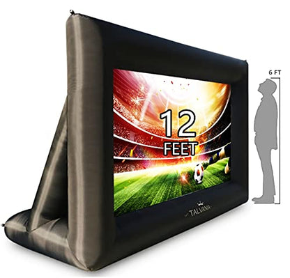 Talvania 12 Feet Inflatable Projector Screen for Outdoor and Indoor TV Movie Watching Blower, Tie Downs, Stakes, Sandbags, and Storage Bag + Step-by-Step Guide, Quick Blow Up (Black)