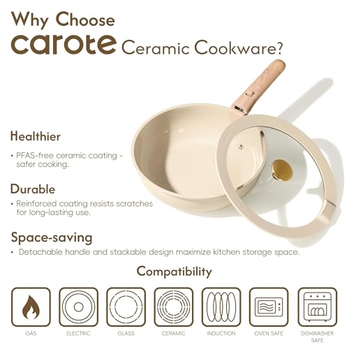 CAROTE 22PCS Pots and Pans set Non Stick, Ceramic Cookware Set, RV Kitchen Cooking Set Removable Handles, Oven Safe, Induction Coolware, Non-toxic Kitchen Cooking Set, PFAS and PFOA Free