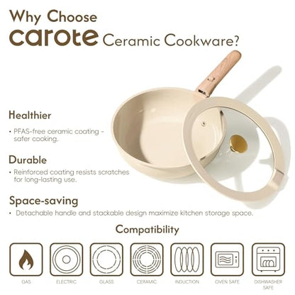 CAROTE 22PCS Pots and Pans set Non Stick, Ceramic Cookware Set, RV Kitchen Cooking Set Removable Handles, Oven Safe, Induction Coolware, Non-toxic Kitchen Cooking Set, PFAS and PFOA Free